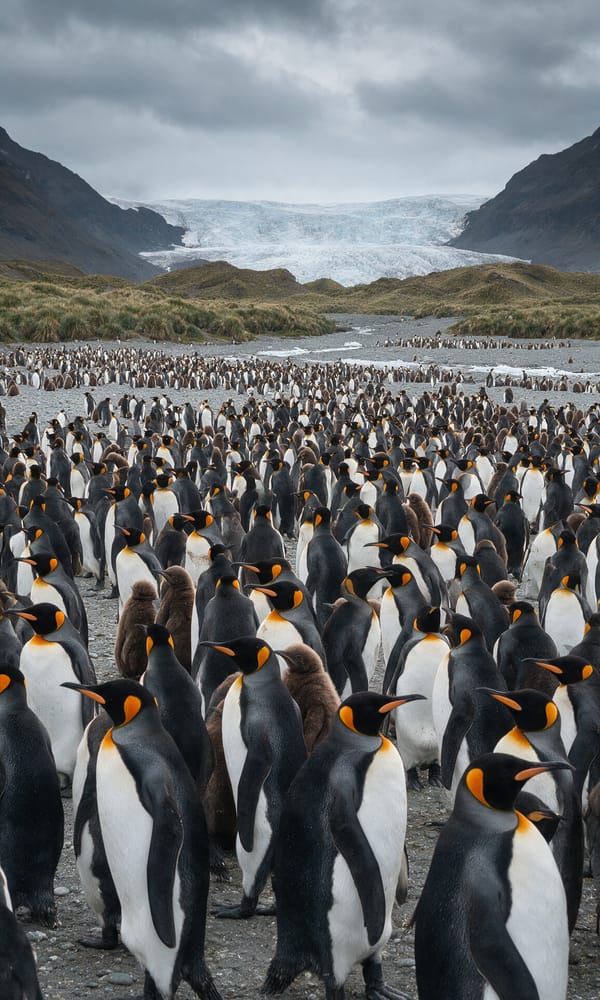 King penguins and brown chicks massed across the Salisbury Plain outwash below a South Georgia glacier