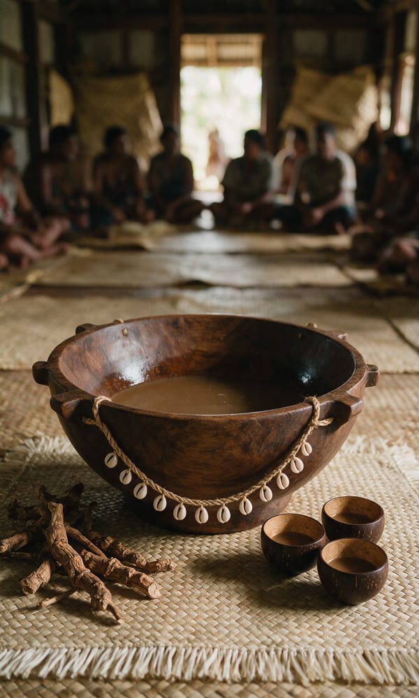 A carved kava bowl and coconut-shell cups on a woven mat at a Fijian village welcome