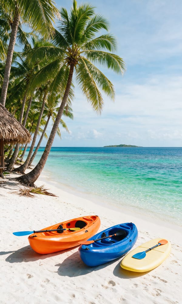 Kayaks and a paddleboard drawn up on white sand beside a calm reef flat in the Mamanucas