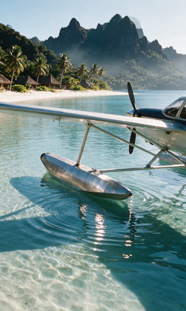 A floatplane moored in turquoise shallows off a palm-fringed Yasawa island beach in Fiji