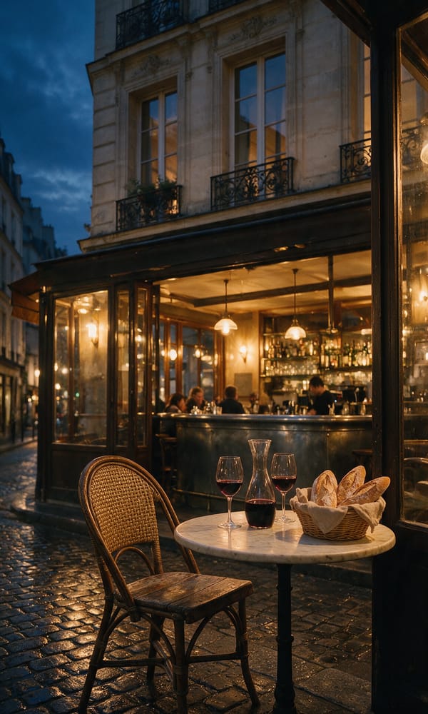A marble bistrot table with a carafe of red wine on a Marais pavement at dusk