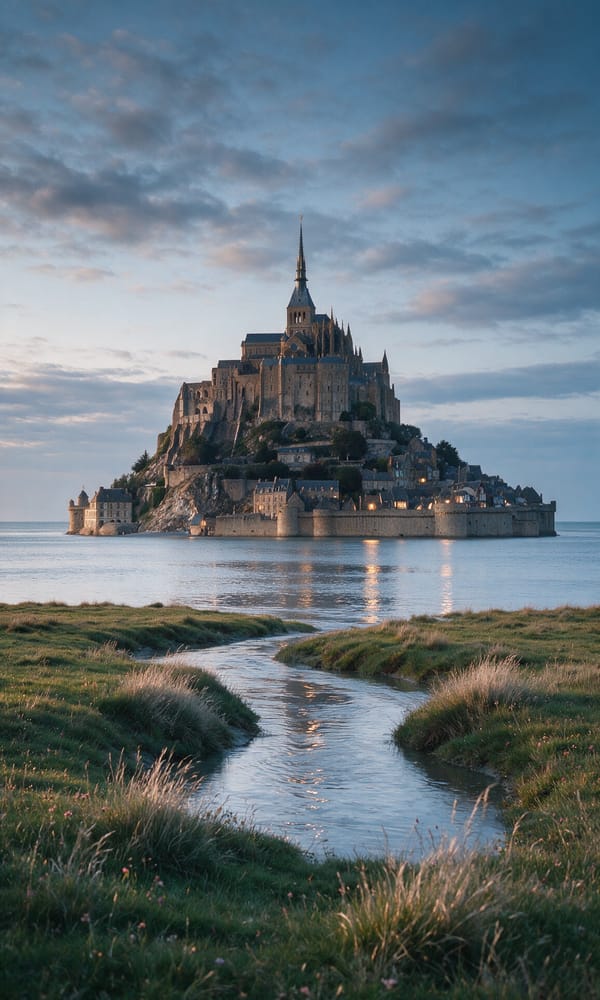 Mont Saint-Michel ringed by high tide at dusk with its abbey spire above the village walls