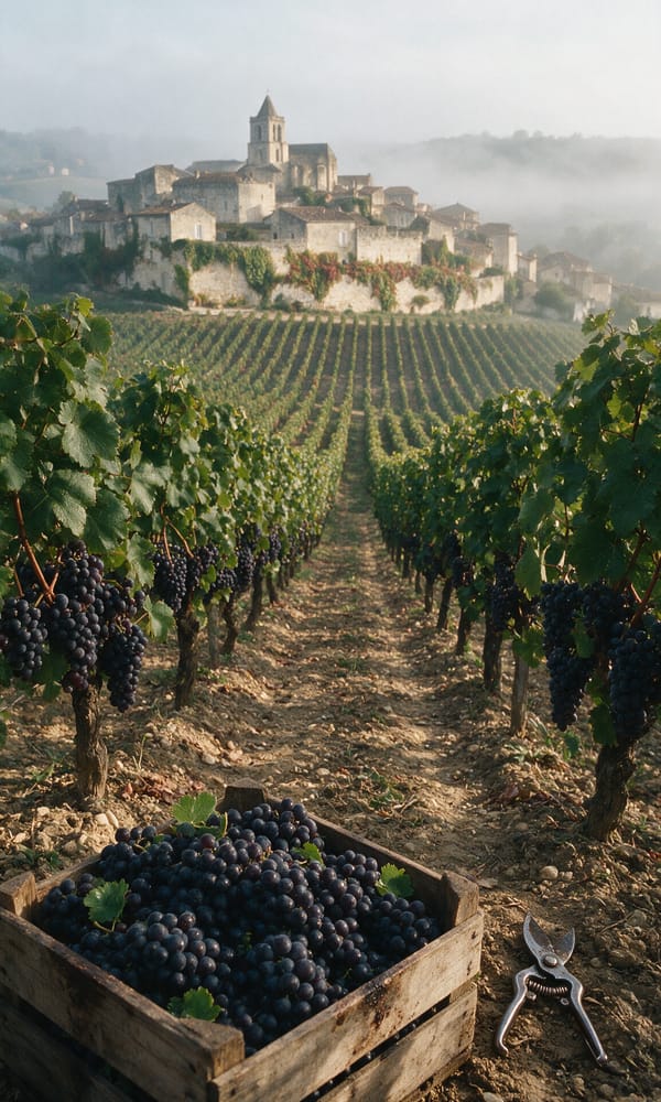 A crate of Merlot grapes and secateurs in a vineyard row below hilltop Saint-Émilion