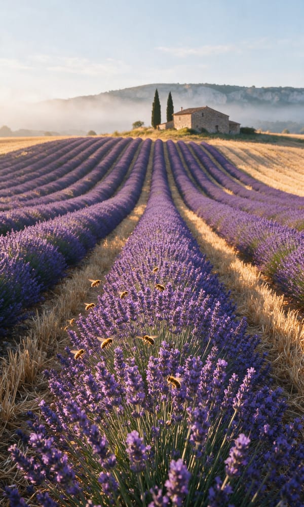 Lavender rows running toward a stone farmhouse and cypresses on the Valensole plateau at dawn