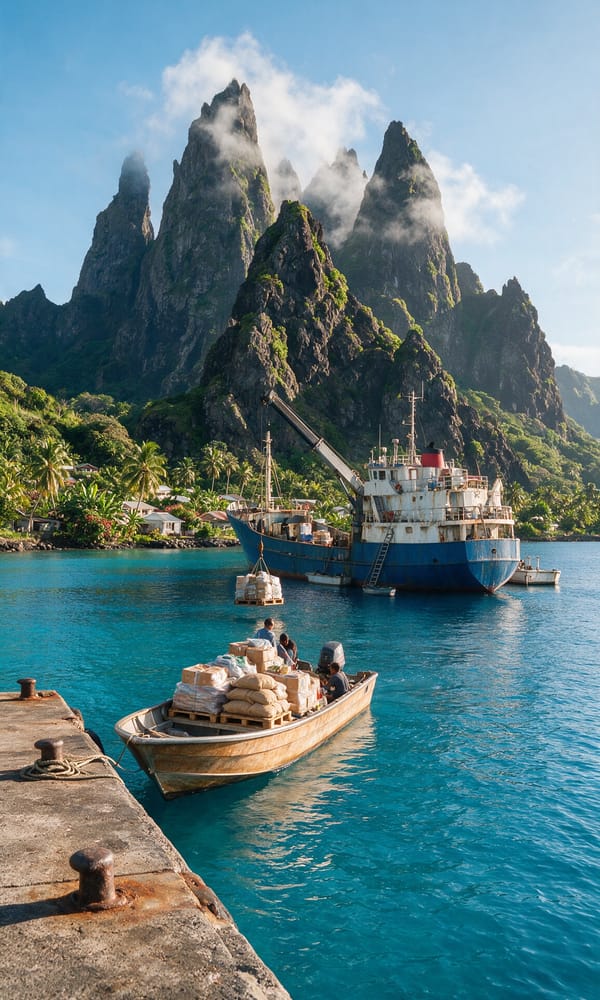 A cargo-laden whaleboat crossing from an anchored freight ship to a Marquesan quay below basalt spires