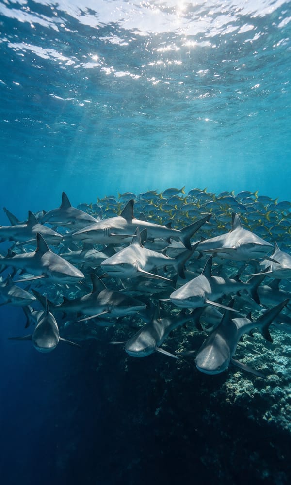 Grey reef sharks holding in the current over coral in the Fakarava south pass