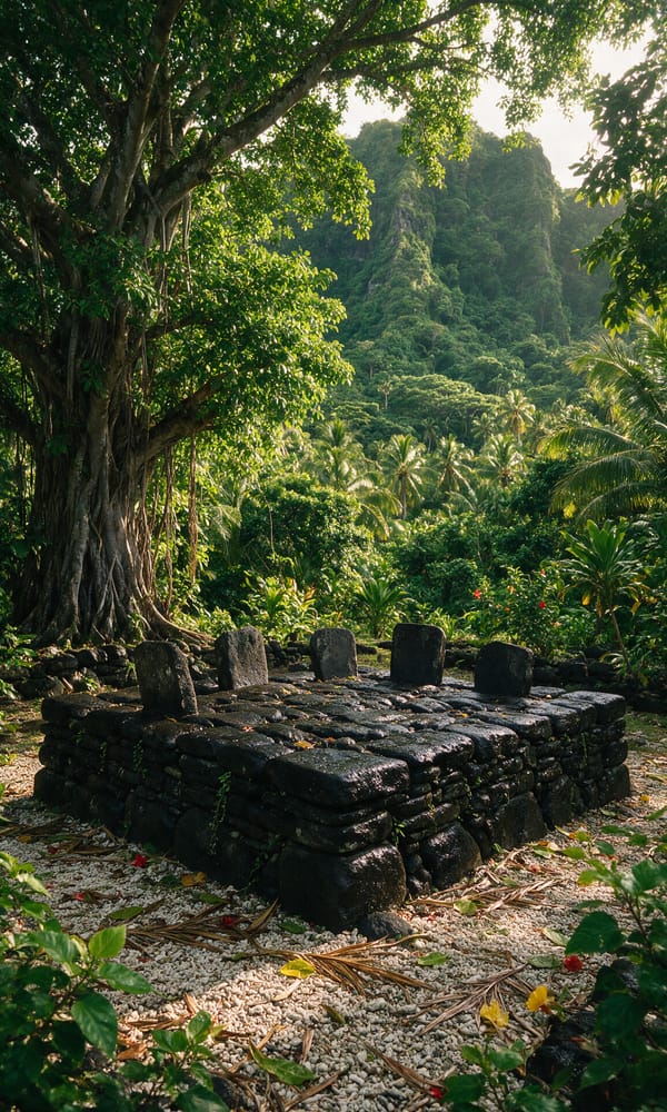Black basalt platform stones of a Huahine marae shaded by a banyan below a volcanic ridge
