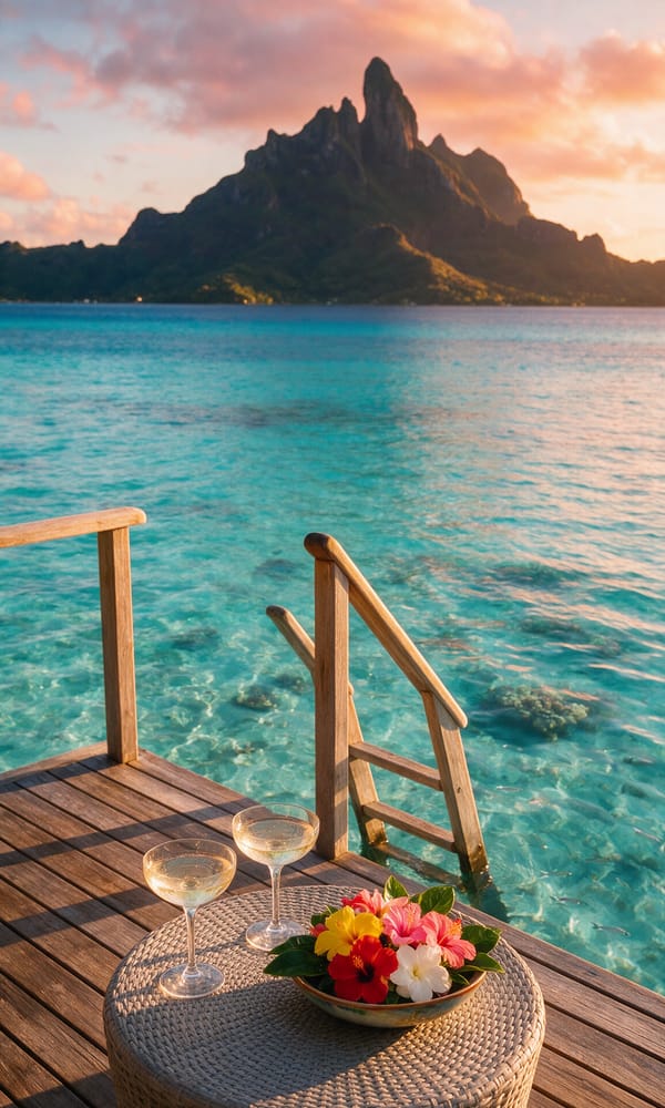 A teak overwater deck with cocktail glasses above a turquoise lagoon facing Mount Otemanu at sunset