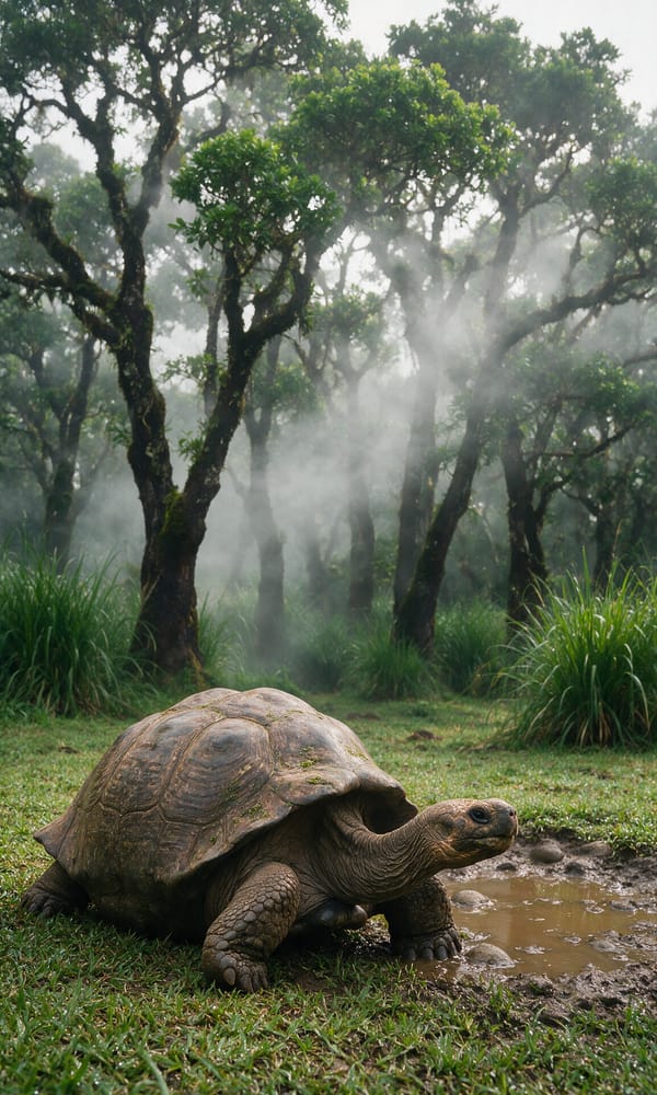 A Galápagos giant tortoise in wet grass with mist drifting through the scalesia highlands of Santa Cruz