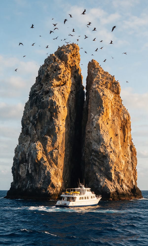 A small expedition yacht anchored beside the split tuff walls of Kicker Rock in the late afternoon