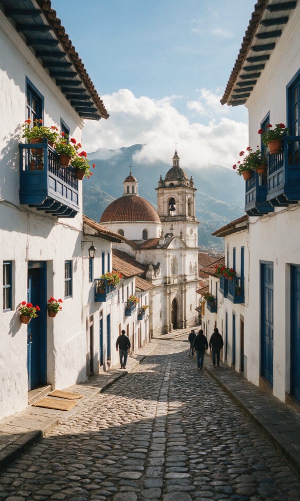 A steep cobbled street of whitewashed walls and blue balconies in Quito's colonial old city