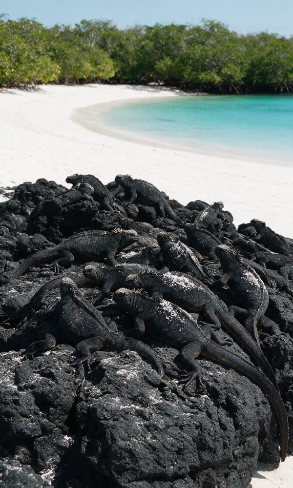Marine iguanas basking on black lava at the edge of Tortuga Bay's white sand and turquoise shallows