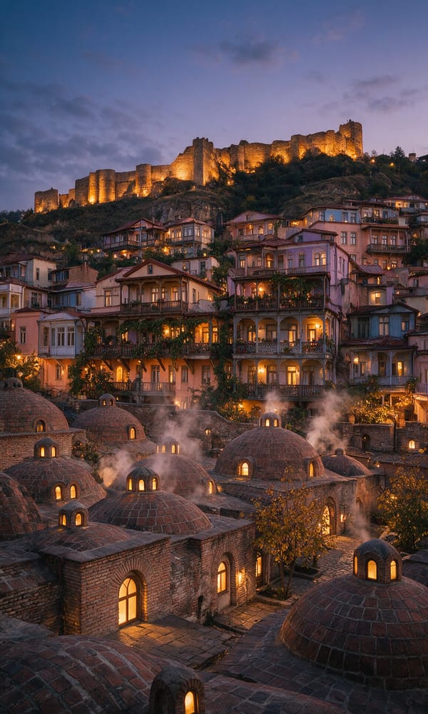 Steaming brick domes of Tbilisi's sulphur baths below wooden balconies and Narikala fortress at dusk