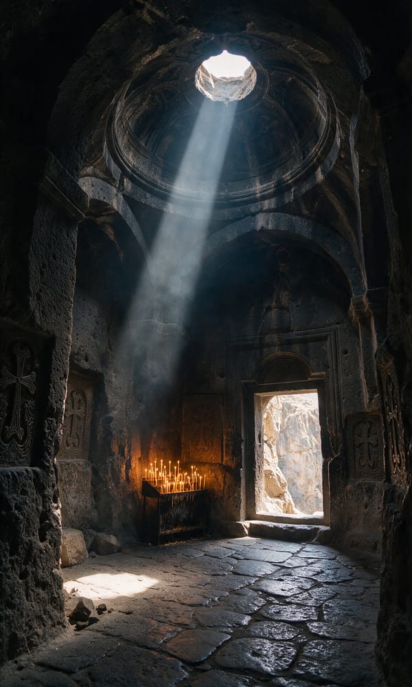 A shaft of light falling through the carved dome onto the rock-hewn floor of Geghard Monastery