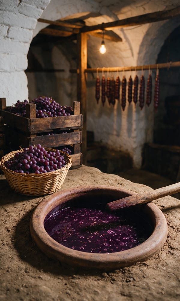 An open qvevri set into a Kakheti cellar floor with fermenting must and crates of harvested grapes