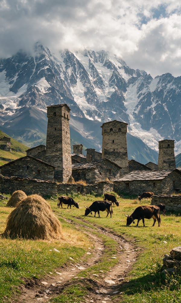 Stone Svan defence towers above slate-roofed houses in Ushguli with glaciated Mount Shkhara behind