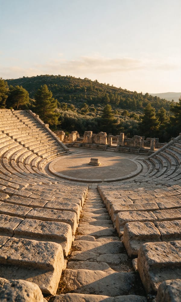 Empty limestone tiers curving down to the round orchestra of the ancient theatre at Epidaurus