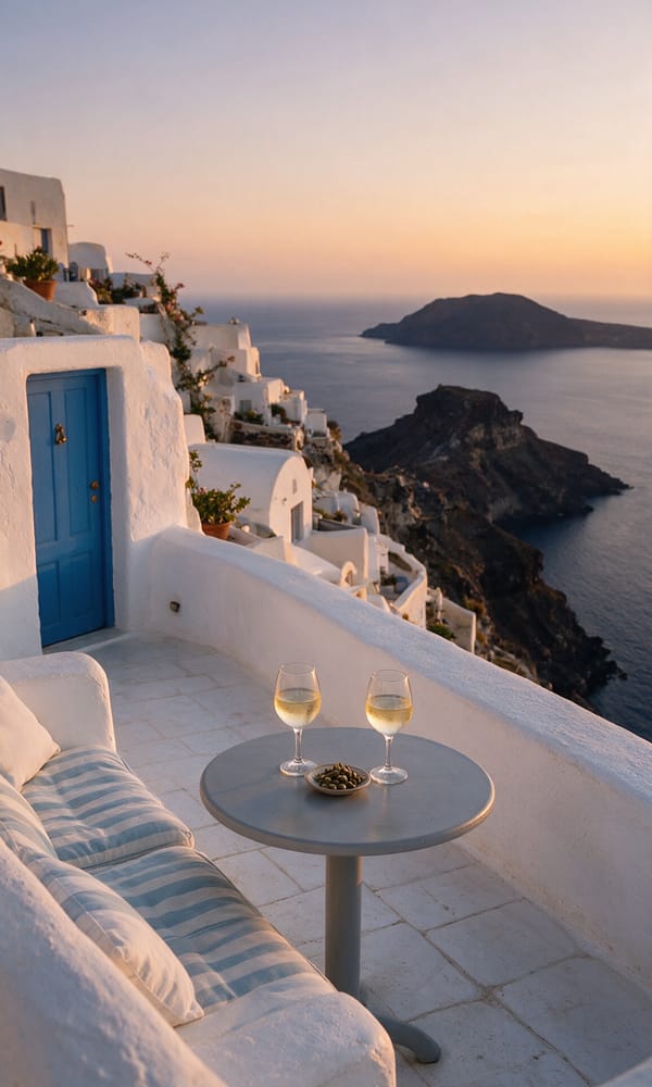 Two glasses of white wine on a whitewashed Imerovigli terrace above the Santorini caldera at dusk