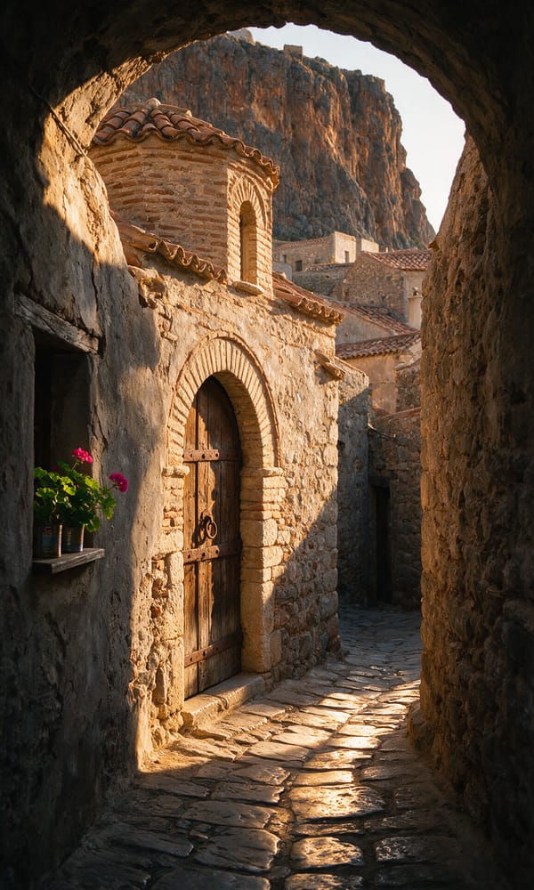 A vaulted stone lane in Monemvasia below the sheer rock of the fortress plateau