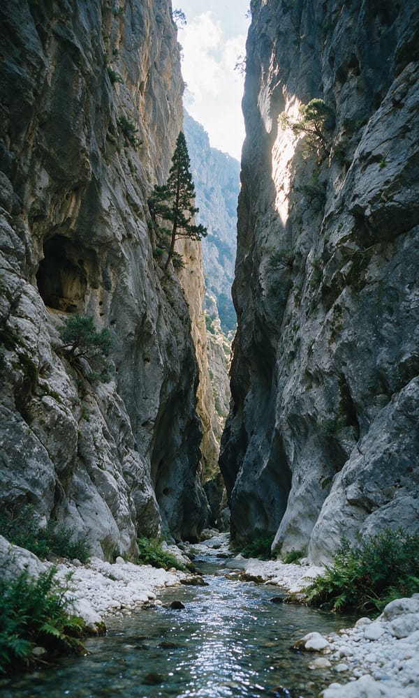Sheer limestone walls closing over a stony stream at the Iron Gates of the Samaria Gorge