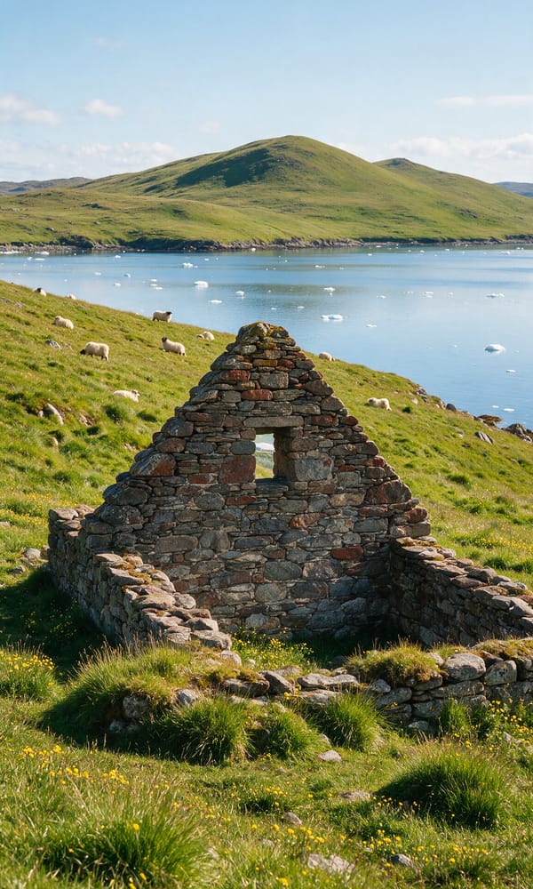 Roofless drystone walls of the Norse church at Hvalsey standing in grass above a blue fjord
