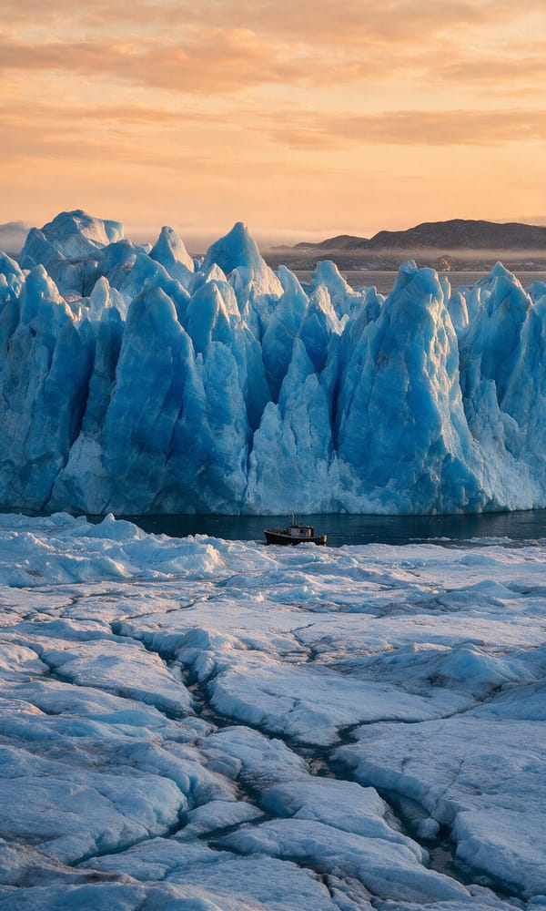 A small boat dwarfed by grounded icebergs in Ilulissat Icefjord under low evening light