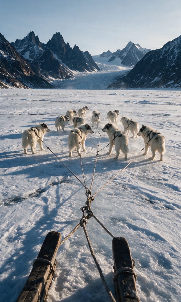 A fan of sled dogs pulling across the frozen Sermilik Fjord toward dark peaks