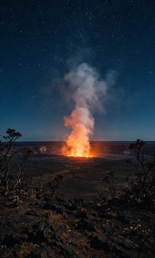 Glowing orange fissures on Kilauea's crater floor seen from the dark rim under stars