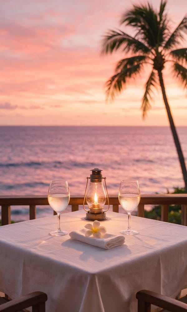A lantern-lit table with wine and plumeria on a Lanai terrace above a pink Pacific sunset