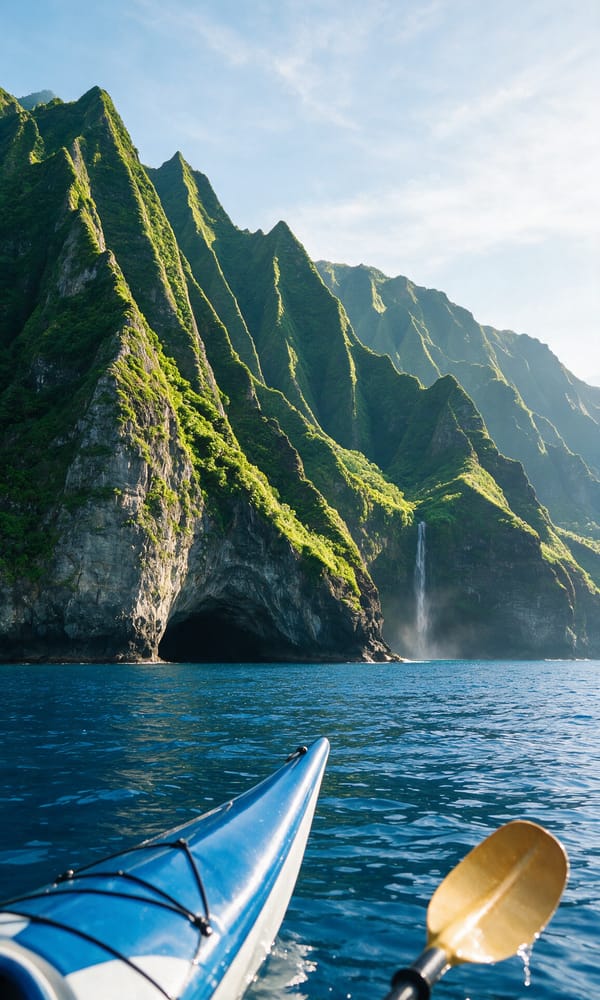 A kayak bow below the fluted green ridges and sea caves of Kauai's Na Pali Coast