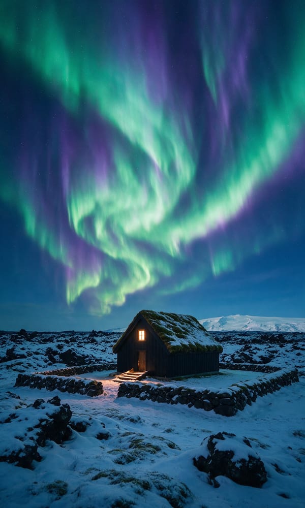 Green aurora curtains twisting above a snow-covered turf-roofed church in Iceland