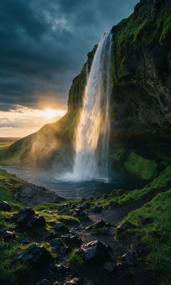 A waterfall falling from a mossy basalt cliff on Iceland's south coast under midnight sun