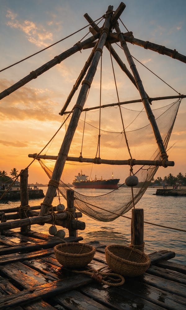 A cantilevered Chinese fishing net silhouetted over the water at Fort Cochin at dusk