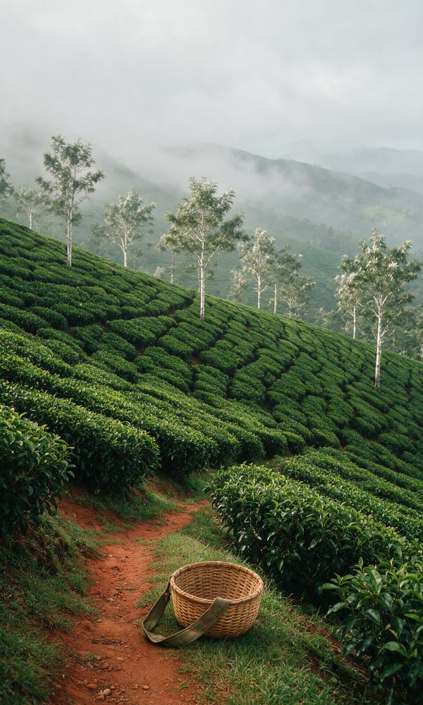 Contoured rows of tea bushes climbing a misty hillside above Munnar past a plucking basket