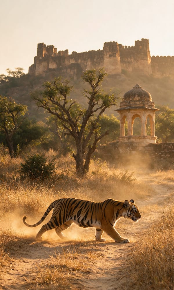 A tigress walking a dusty track through dry grass below Ranthambore's ruined fort wall