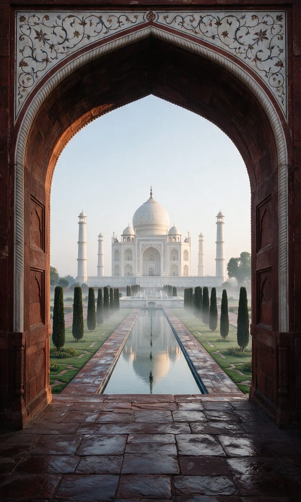 The Taj Mahal framed by the dark red sandstone gateway arch in early morning mist