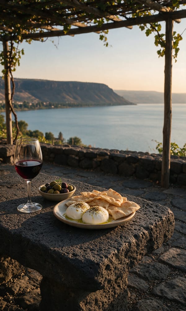 Golan red wine, olives and flatbread on a basalt table above the Sea of Galilee
