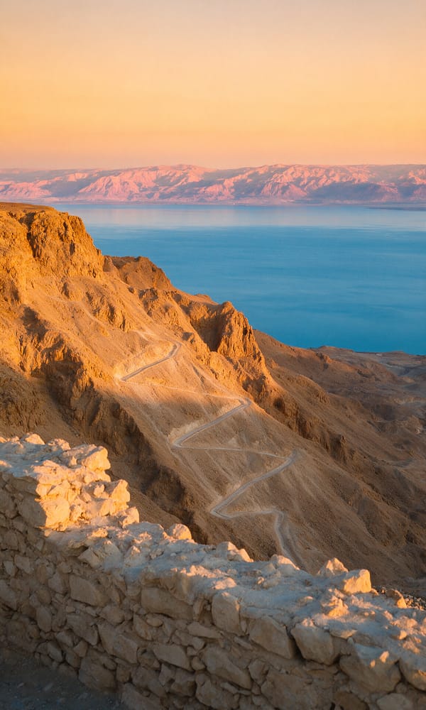 A ruined stone wall on Masada at sunrise above the Dead Sea and the Moab mountains