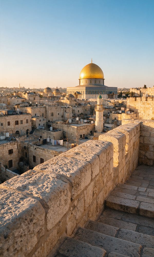 Old City rooftops and domes seen from the Jerusalem ramparts with the golden Dome of the Rock beyond