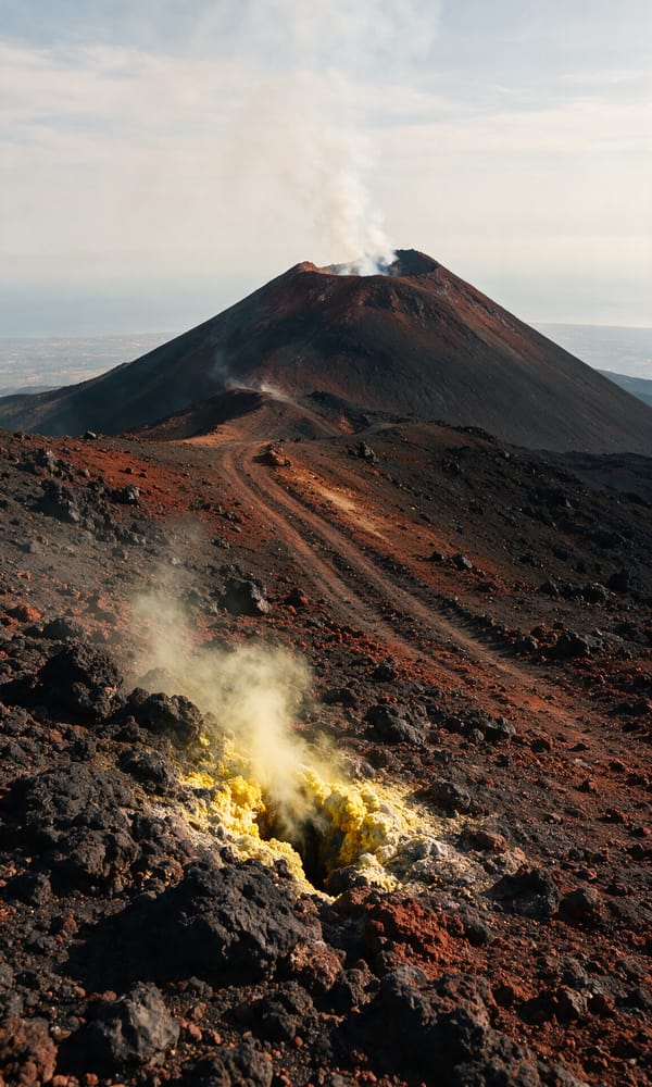 Steaming sulphur vents in black lava on the upper slopes of Etna above the hazy coast