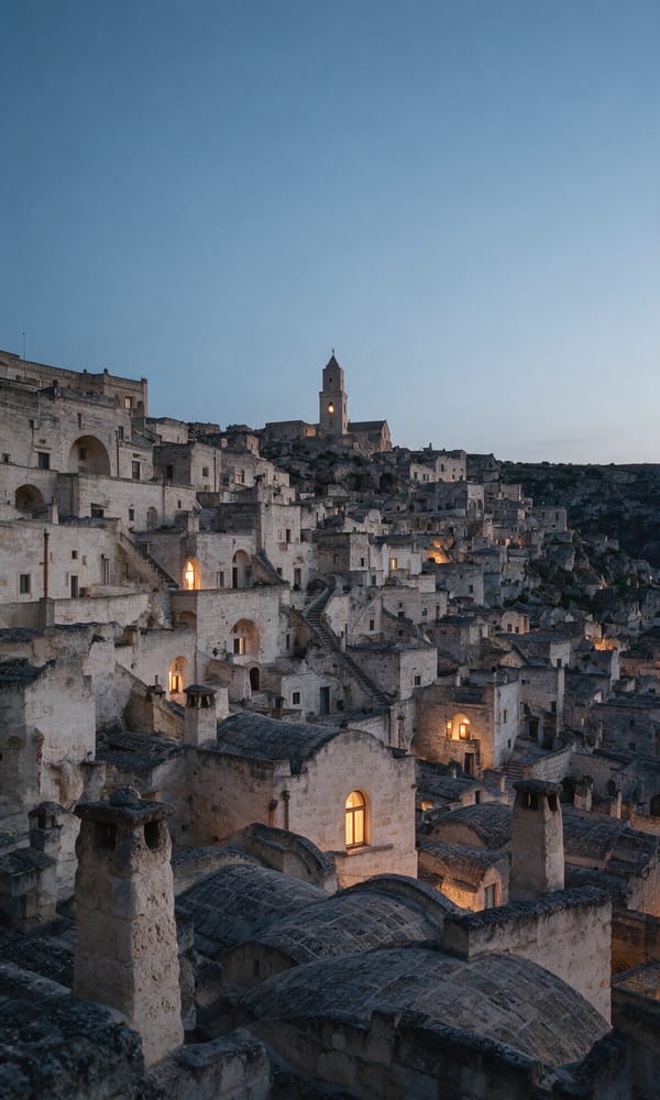 Tufa cave houses and stone stairways stacked up the Matera ravine at blue hour