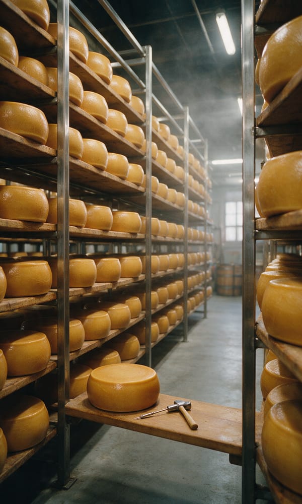 Racks of golden Parmigiano-Reggiano wheels stacked to the ceiling down a narrow ageing-room aisle