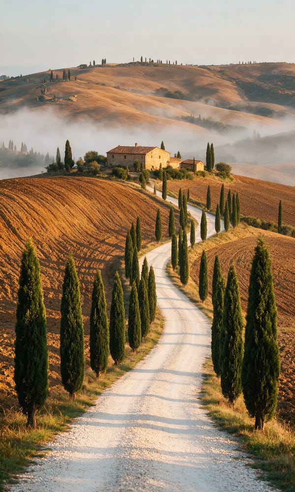 A gravel road curving between cypresses toward a stone farmhouse on a misty Val d'Orcia ridge