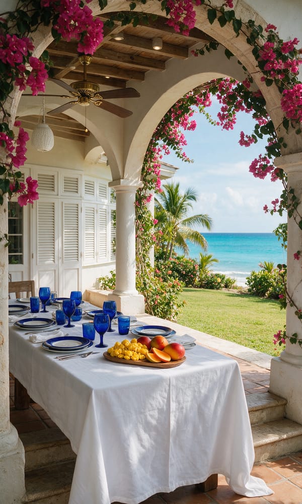 A long table laid under the shaded veranda of a Hanover coast villa with the Caribbean beyond