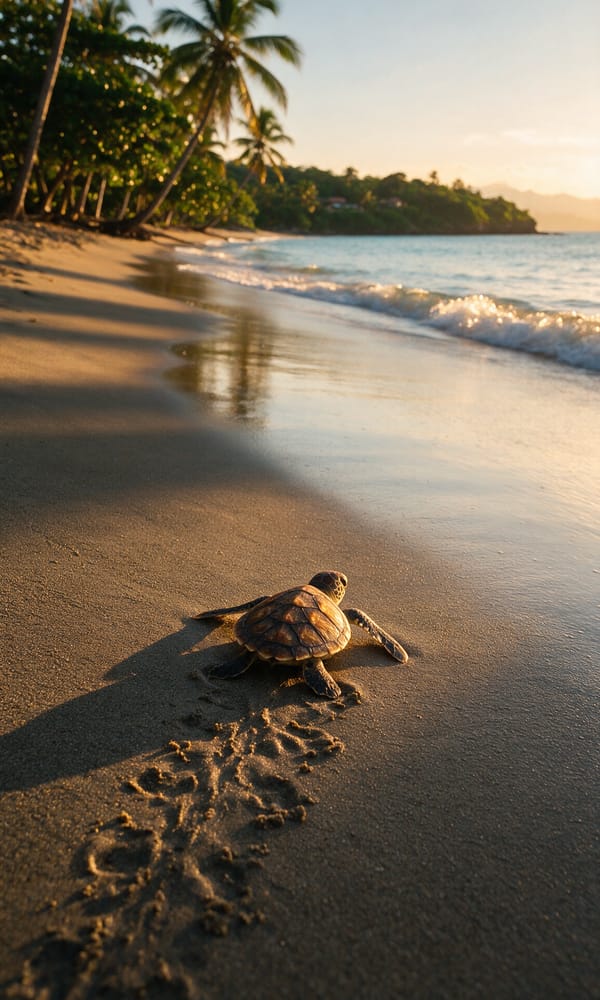 A hawksbill hatchling crossing wet sand toward the surf on the turtle beach at Oracabessa