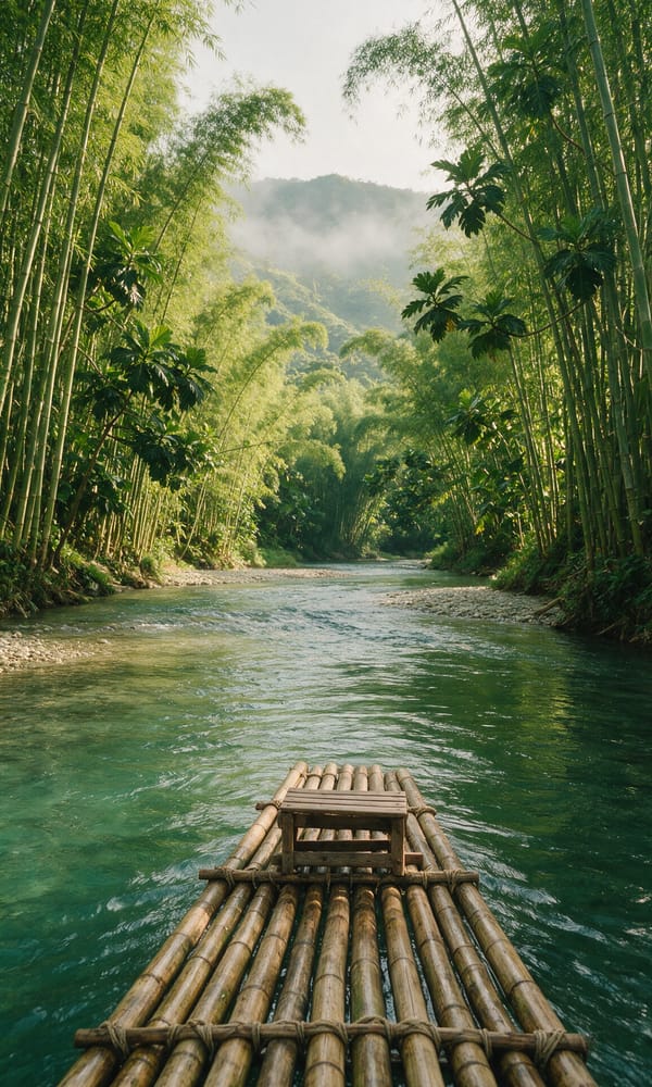 A bamboo raft on the green Rio Grande between walls of bamboo, mist lifting off the Blue Mountains