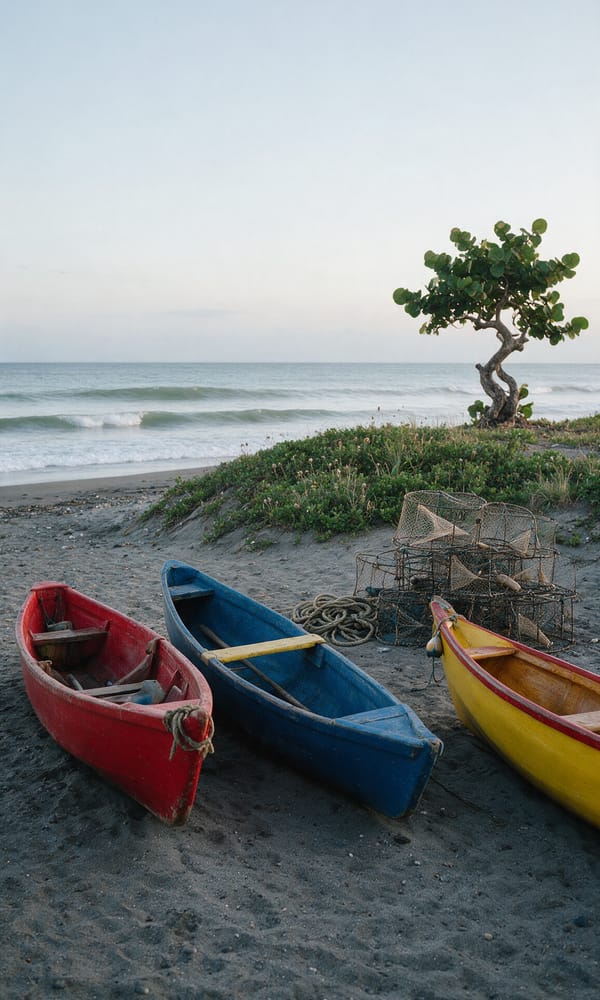 Painted wooden fishing canoes and stacked fish pots on the dark sand at Treasure Beach at dawn