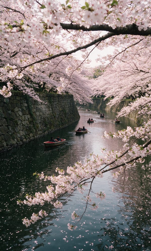 Cherry branches arching over rowing boats drifting through fallen petals on the Chidorigafuchi moat
