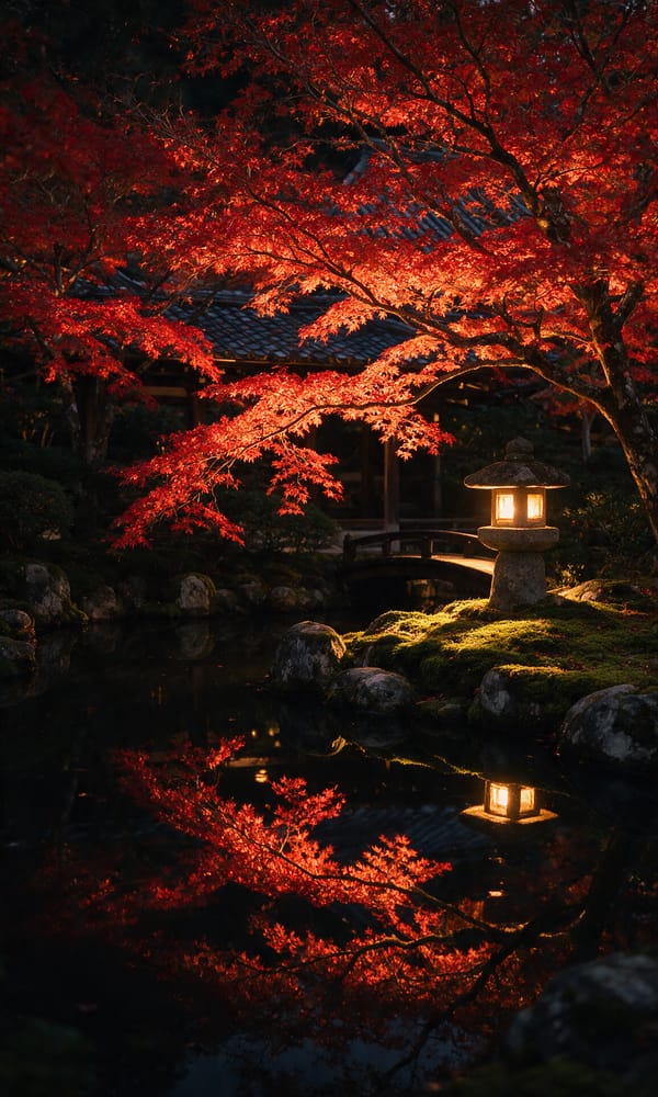 A floodlit red maple mirrored in the black pond at Eikan-do temple during Kyoto's autumn illumination