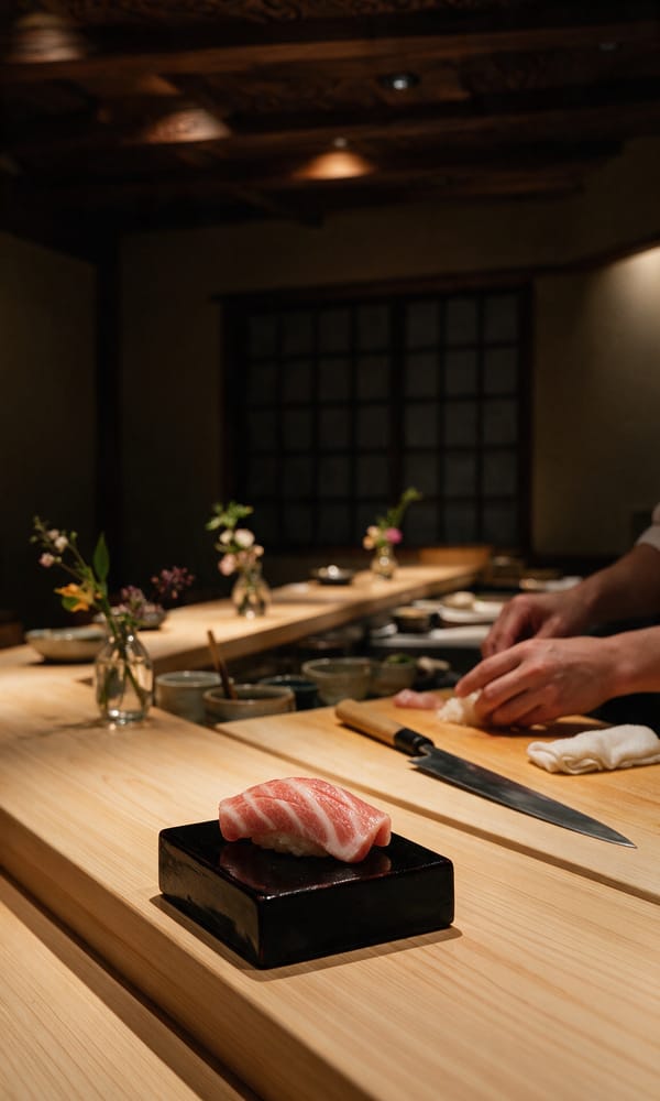 A single piece of tuna nigiri on a lacquer block at a hinoki omakase counter in Tokyo
